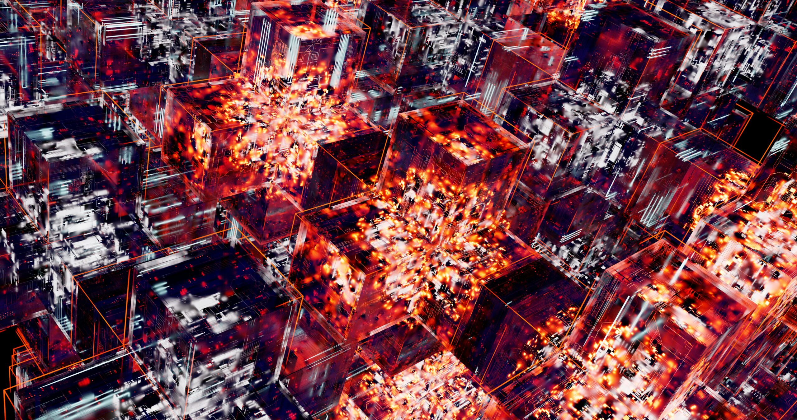 Abstract image featuring digital cubes with vibrant LED lighting effects, representing technology.